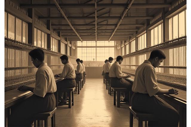 1900年代初頭の麻布の織物工房の様子