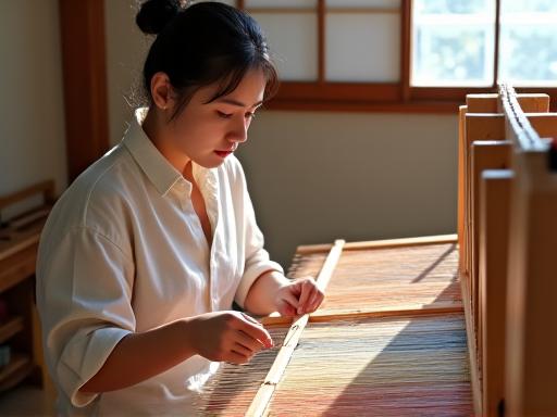 伝統的な織機で織物の技術を学ぶ生徒たち