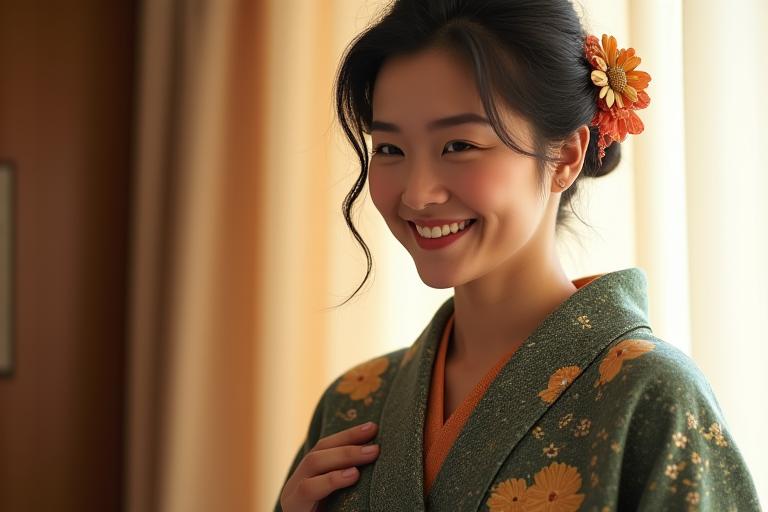 修復された祖母の着物を着た女性の幸せなポートレート