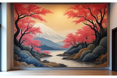 伝統的な日本の風景を描いた手織りの壁掛けアート