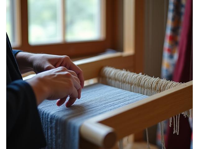 伝統的な織機で絹糸を織る職人の手と、完成したばかりの美しい着物